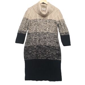 Studio One Women Sz L Cowl Neck 3/4 Sleeve Sweater Dress Cream Black Striped